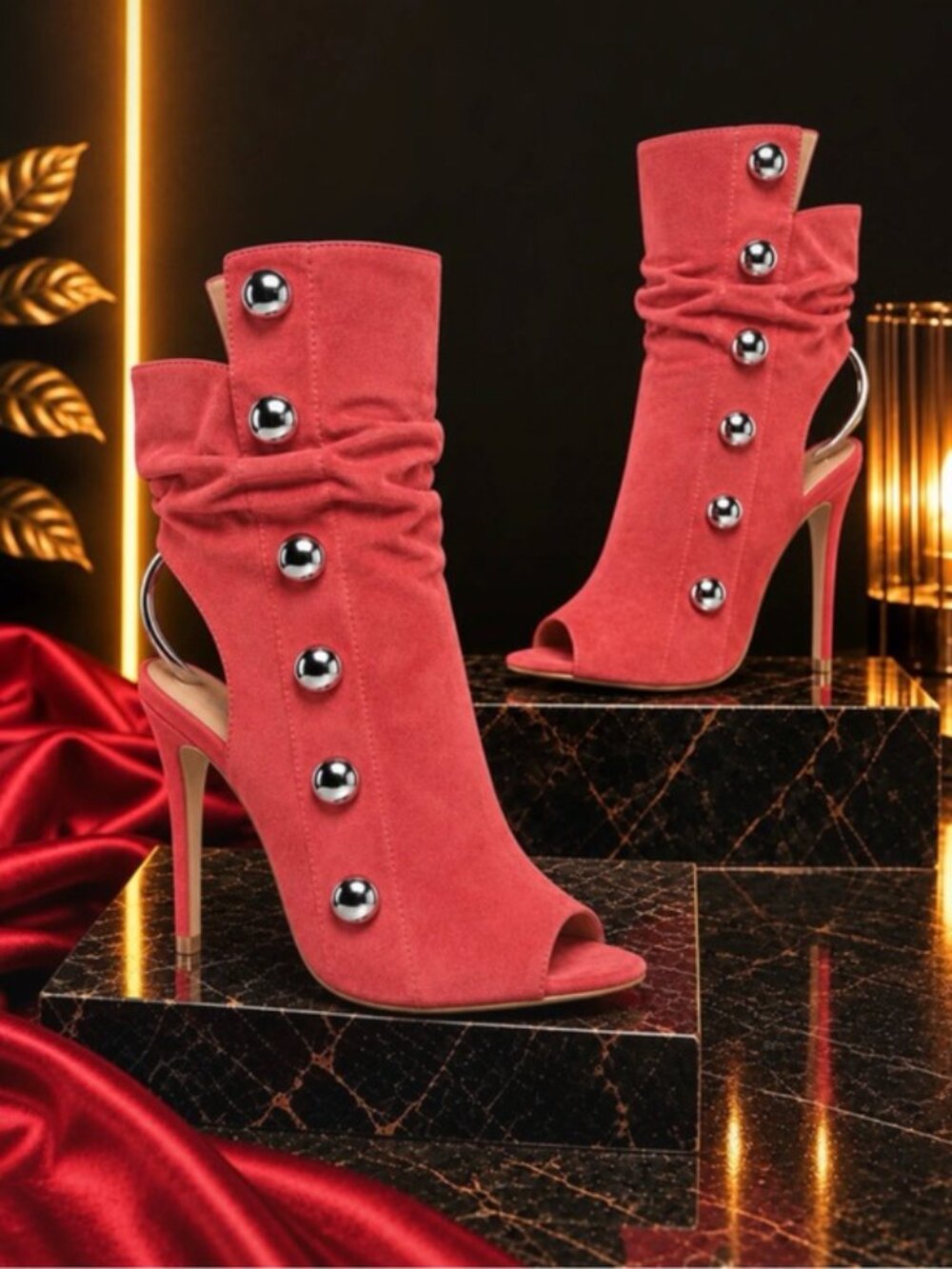 Liliana Red Peep Toe Stiletto Booties Silver Accents Size 8 NWT In Box